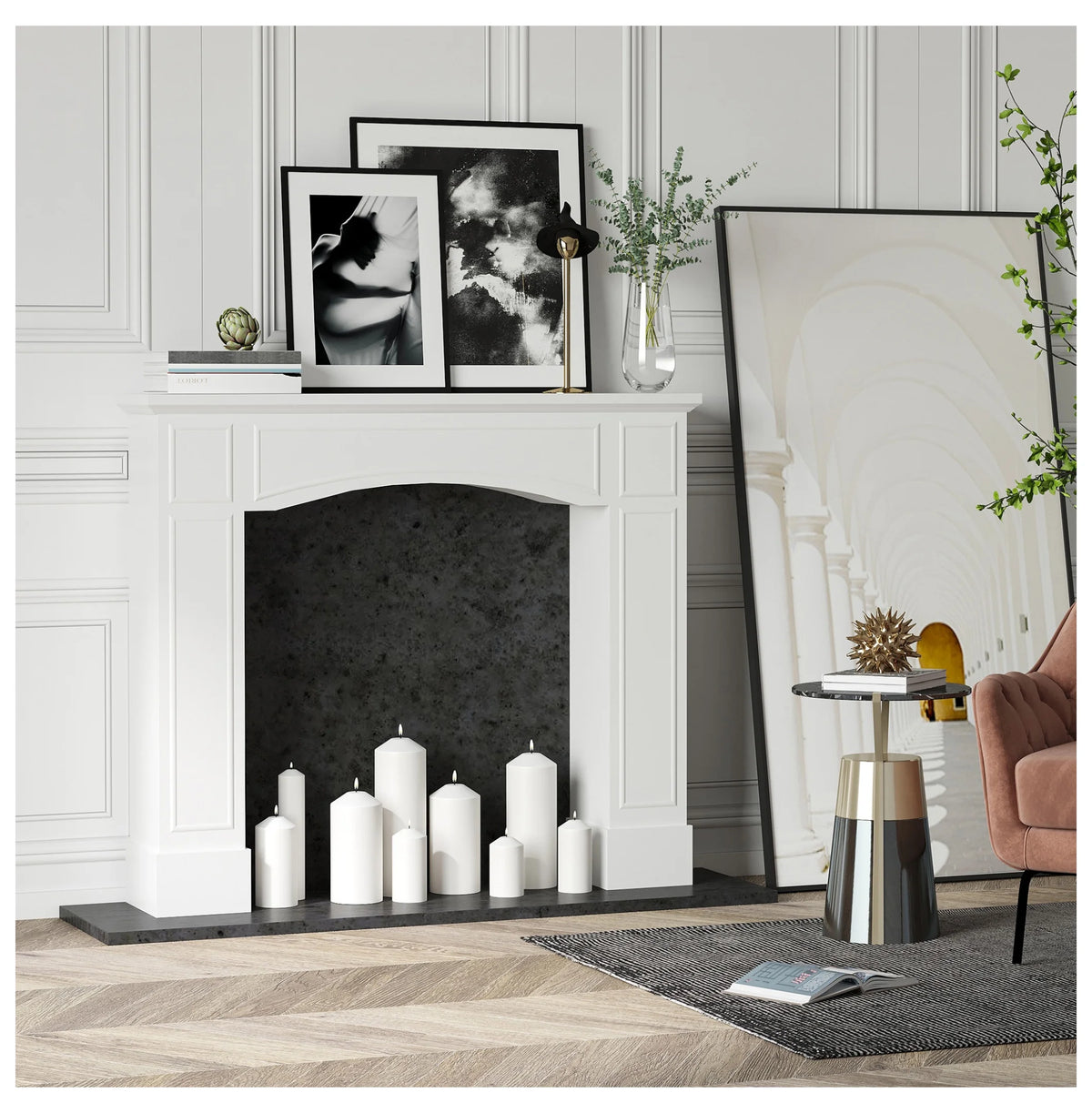 Manteau de cheminée moderne, encadrement de cheminée avec motif décoratif, largeur intérieure 29, blanc