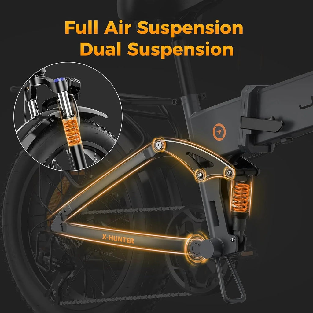 Vélo électrique Jasion X-Hunter pour adultes, vélo électrique avec moteur de 750 W et batterie amovible 48 V 13 Ah, vélo électrique pliant avec pneus larges 20 x 4,0, suspension intégrale, 7 vitesses