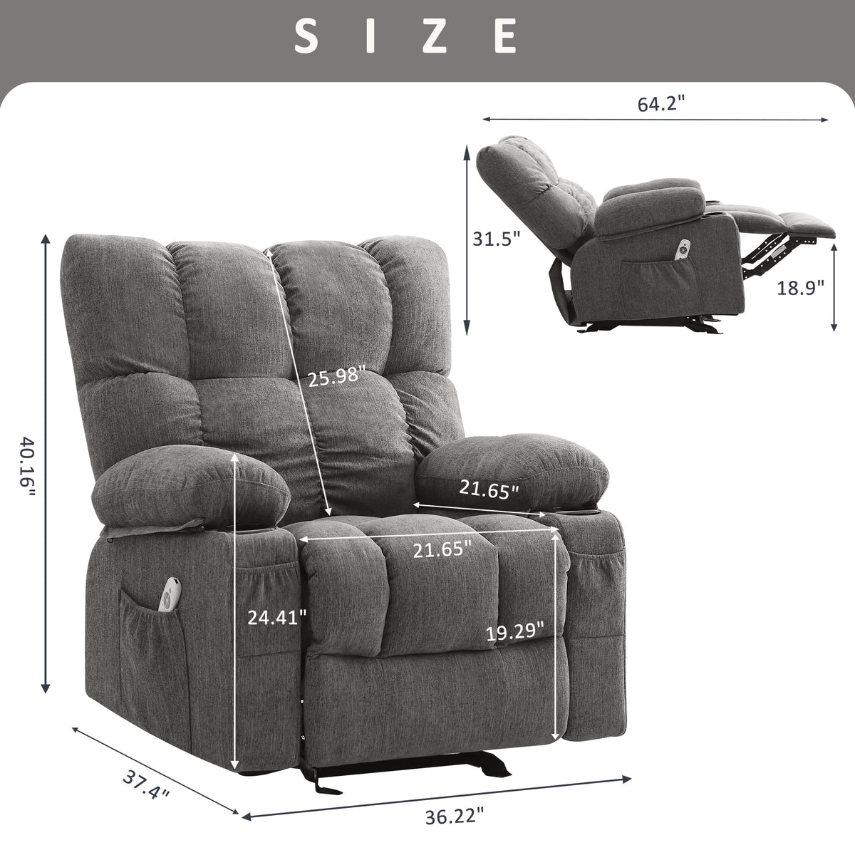 Fauteuil inclinable manuel JONPONY avec fonction de massage et de chauffage, mécanisme d’inclinaison robuste, fauteuil à bascule individuel pour personnes âgées avec porte-gobelets, pour chambre et salle de cinéma maison, gris
