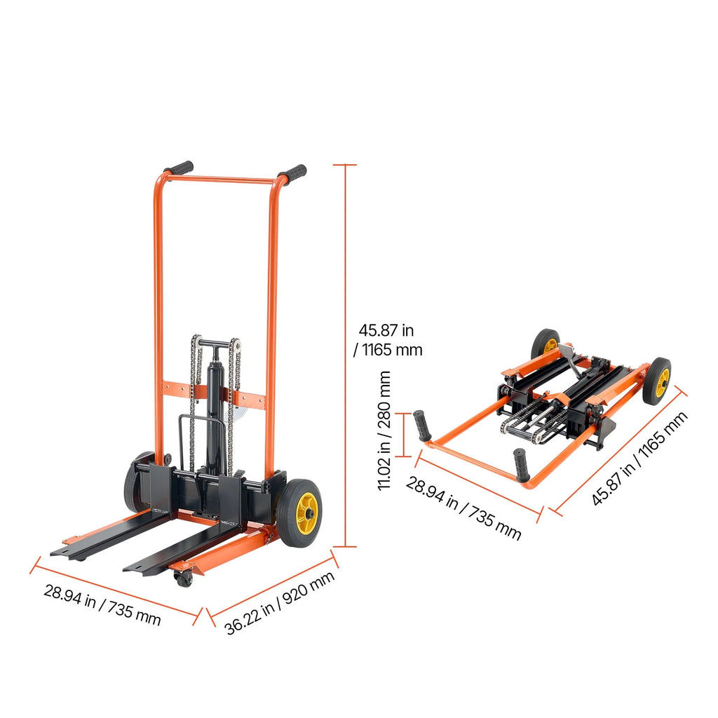 KFFKFF Gerbeur élévateur hydraulique pour matériaux, Capacité de 450 lb, Chariot à palettes avec table élévatrice, Hauteur max. de 35,8 pouces, Chariot à table pliable et portable, Jaune et noir
