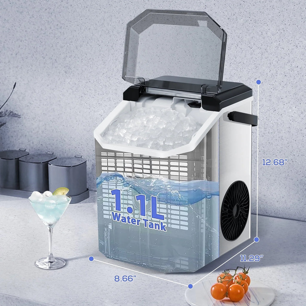 Machine à glaçons Auseo SS Nugget de comptoir avec glaçons tendres à mâcher, 35 lbs/24 h, autonettoyante, pelle à glaçons, acier inoxydable argenté, pour cuisine/bureau/fête