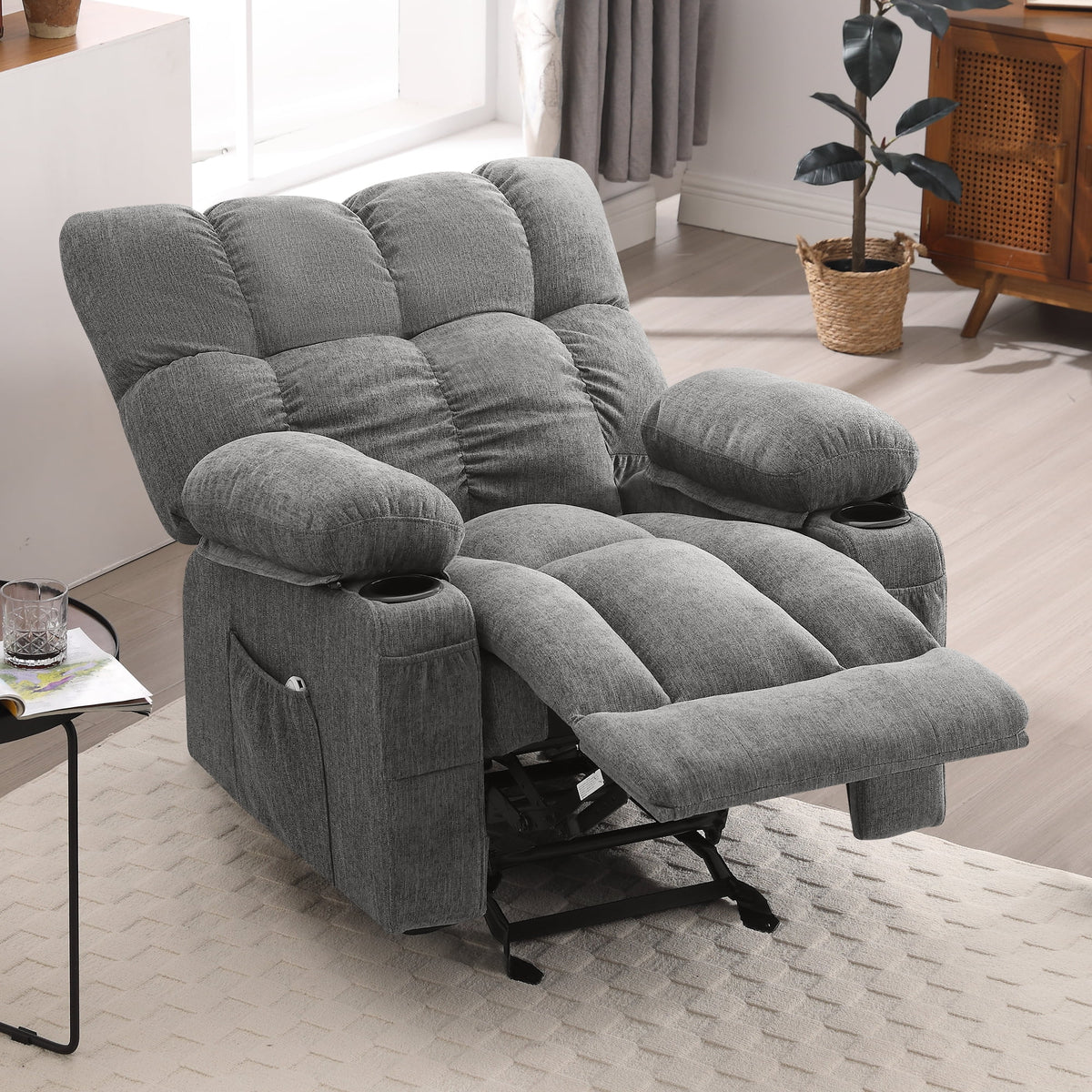 Fauteuil inclinable manuel JONPONY avec fonction de massage et de chauffage, mécanisme d’inclinaison robuste, fauteuil à bascule individuel pour personnes âgées avec porte-gobelets, pour chambre et salle de cinéma maison, gris