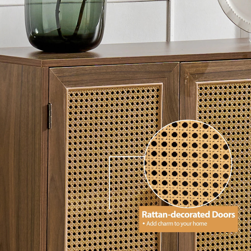 Buffet Boho en bois à 3 portes, meuble de rangement avec portes en rotin, noyer