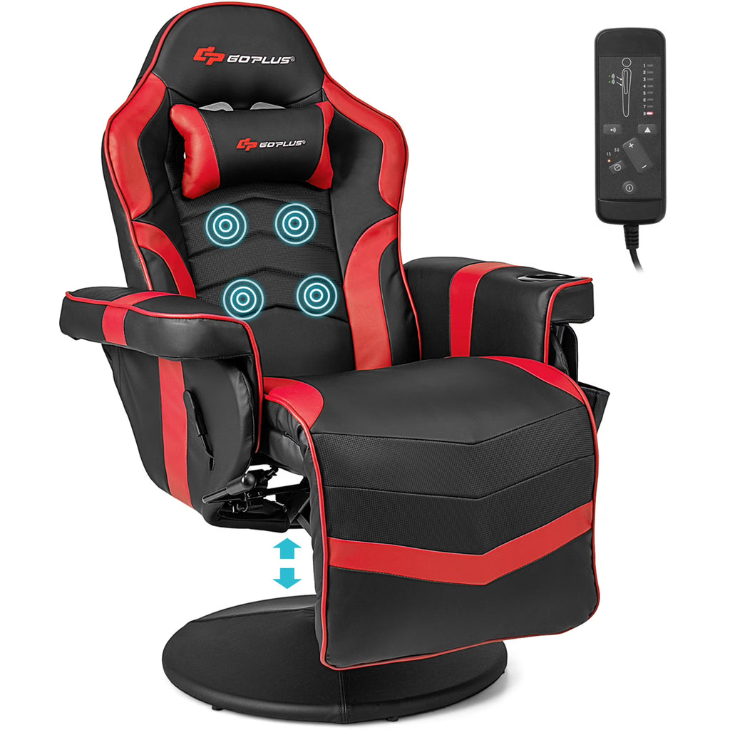Fauteuil gaming inclinable Goplus avec massage, réglable en hauteur, pivotant, style racing, avec porte-gobelet, rouge