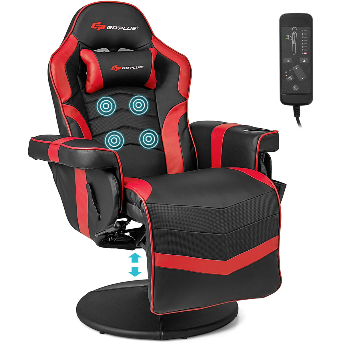 Fauteuil gaming inclinable Goplus avec massage, réglable en hauteur, pivotant, style racing, avec porte-gobelet, rouge