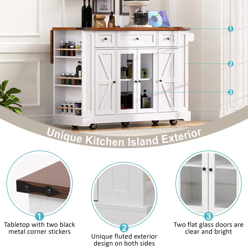 Euroco Îlot de cuisine style ferme de 53'' avec deux portes de placard en verre trempéDesserte de cuisine roulante sur roulettes