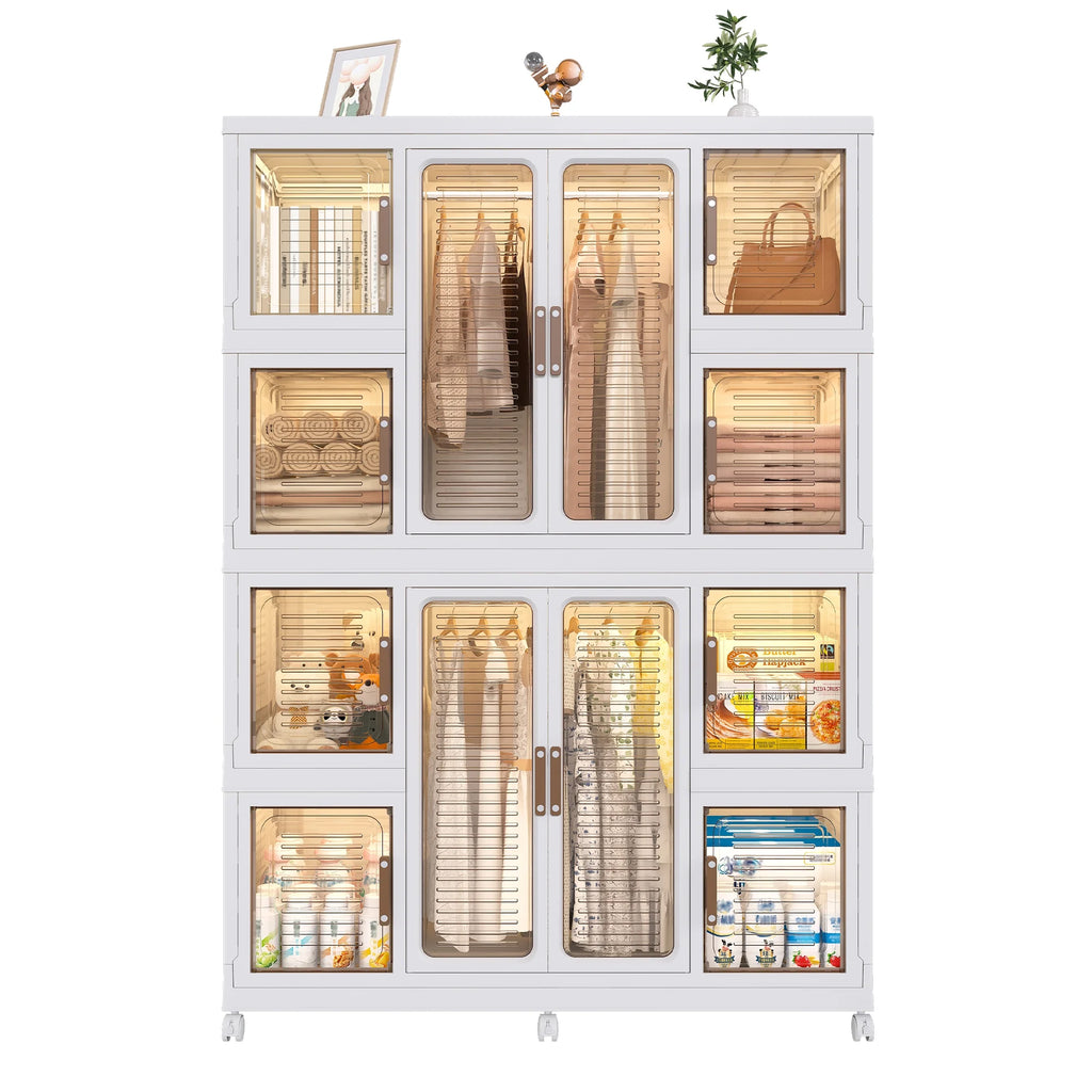 Penderie portable pour enfants Montary avec portes magnétiques et tringle – Meuble de rangement en plastique à 4 casiers pour chambre d'enfant