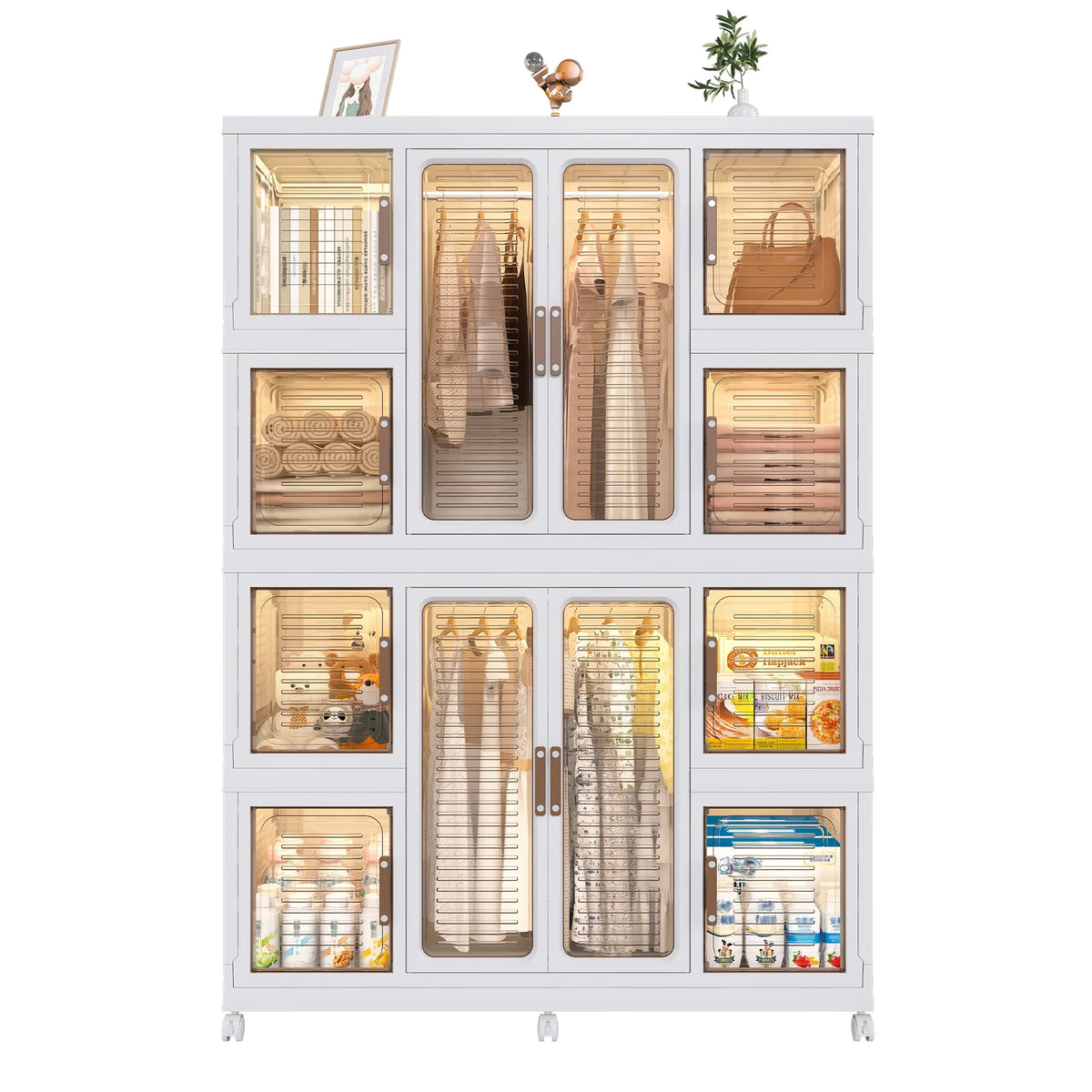 Penderie portable pour enfants Montary avec portes magnétiques et tringle – Meuble de rangement en plastique à 4 casiers pour chambre d'enfant