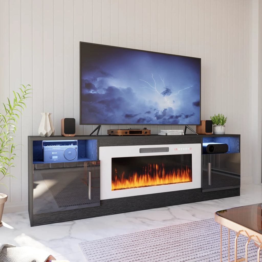 Meuble TV avec cheminée Waleaf avec cheminée électrique de 36 pouces pour téléviseurs jusqu’à 80 pouces, console multimédia moderne en bois avec meuble éclairé, blanc