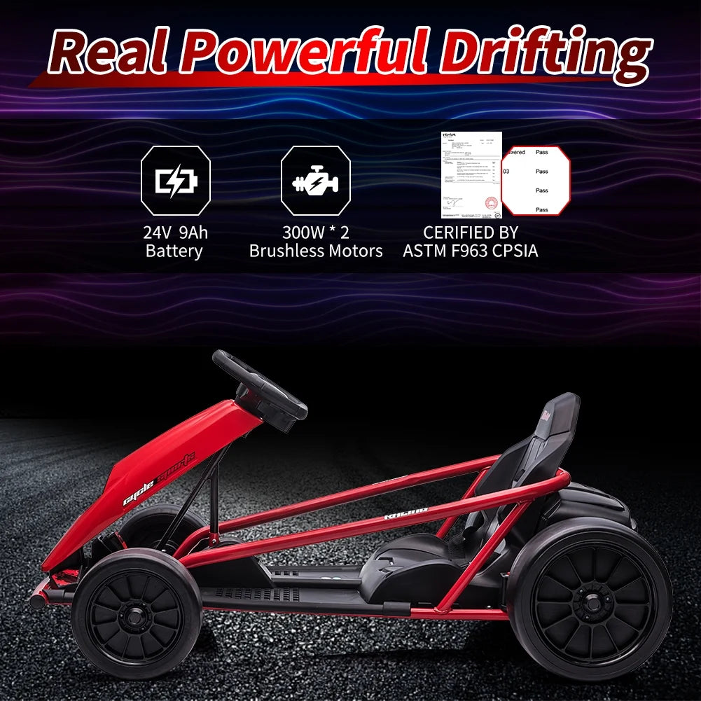 Kojooin Karting pour enfants, Batterie 24V Moteurs 300WX2 Karting à pédales à pied, Voiture de dérapage haute vitesse 8MPH avec fonction de démarrage progressif, Rouge rose