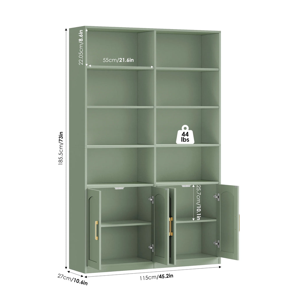 Bibliothèque haute Homfa 73 avec portes, 8 compartiments, 6 niveaux, double rangée, blanche, pour salon et bureau à domicile