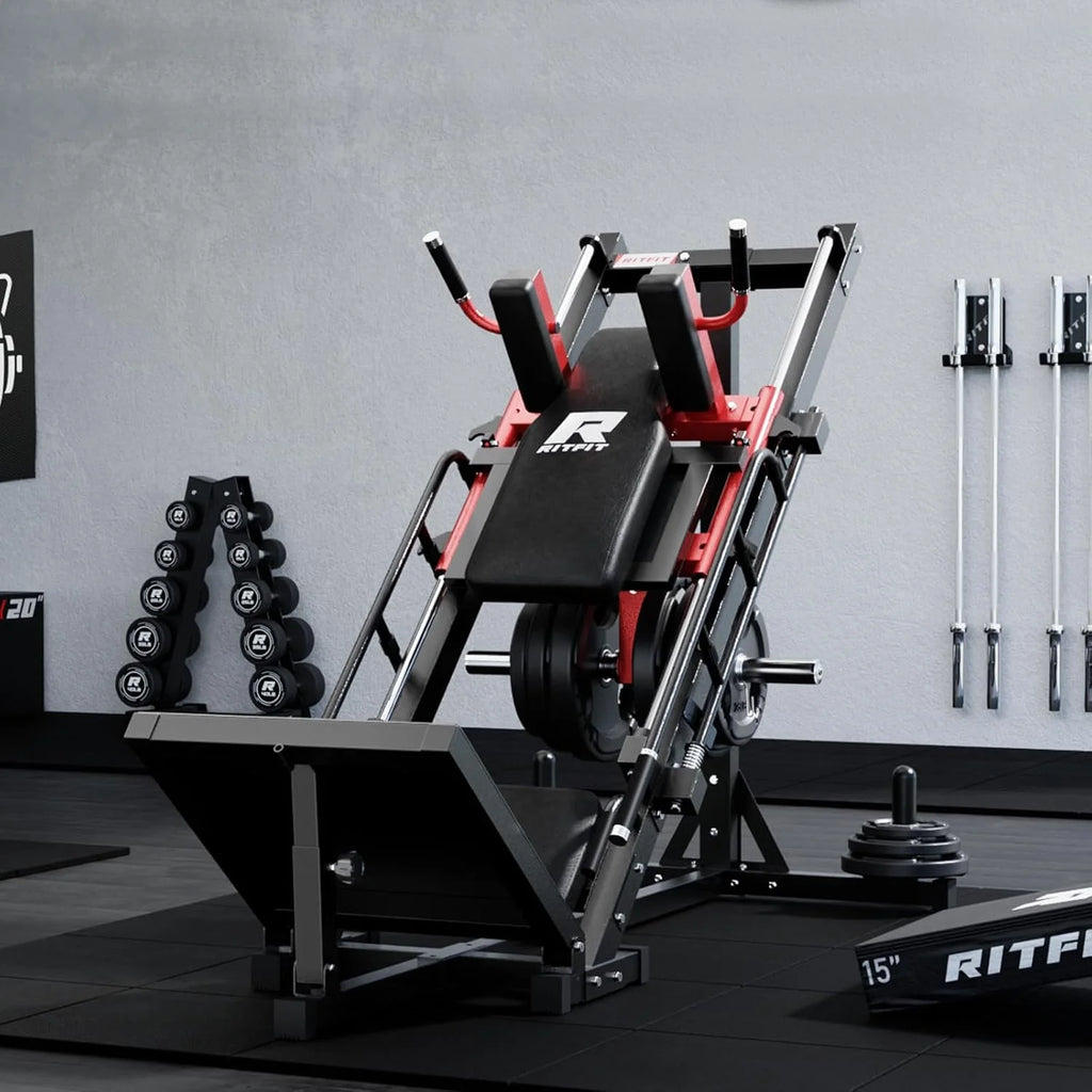 Machine à presse à jambes et hack squat RitFit, Presse à jambes professionnelle réglable pour salle de sport à domicile avec roulement linéaire, Machine hack squat spécialisée pour un entraînement complet du bas du corps avec rangement de poids, Rose