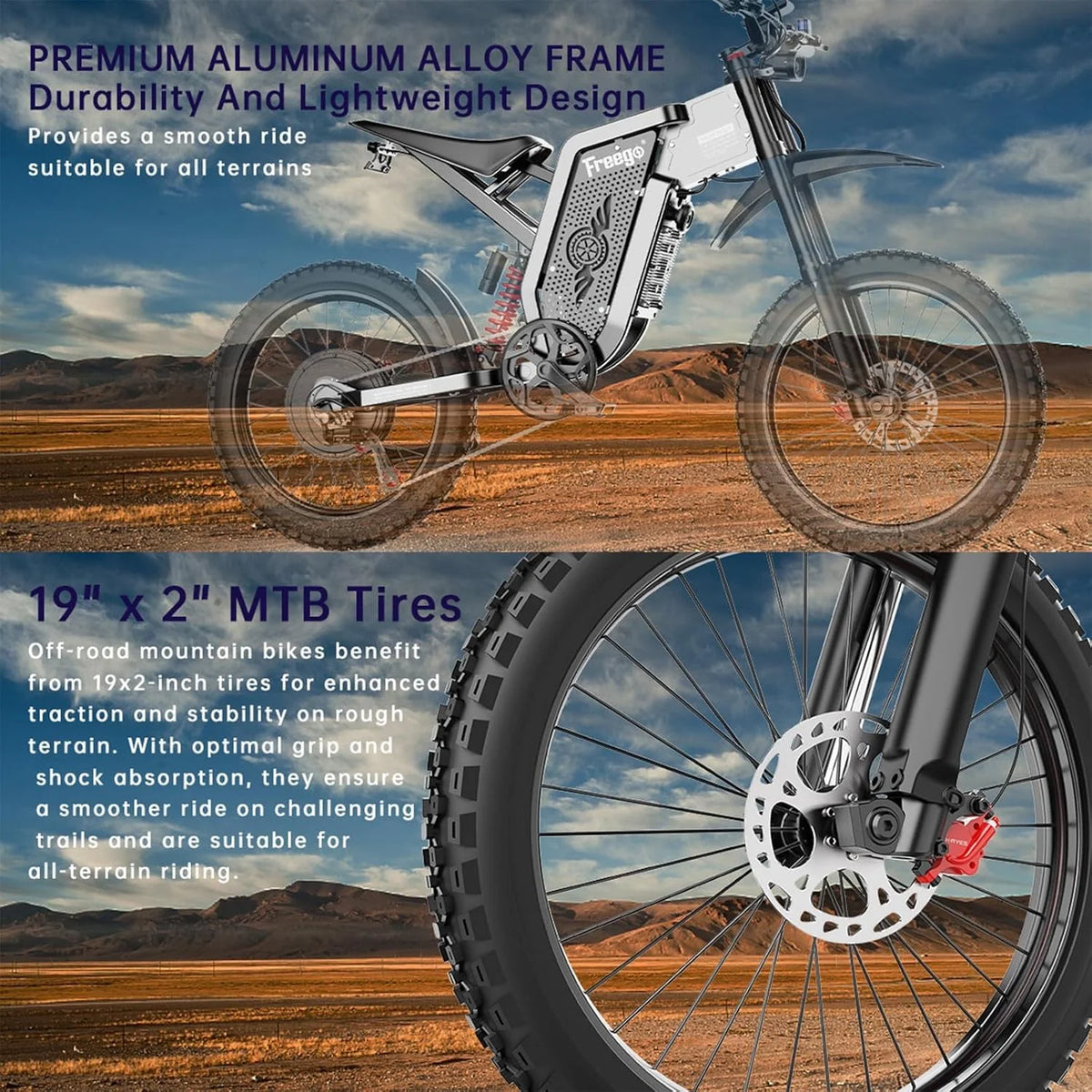 Moteur 6000W(Crête) Batterie 60V/35Ah, Moto électrique Freego X2Pro pour adultes, Vélo électrique  50MPH/7 Vitesses Vélo électrique tout-terrain, Suspension intégrale 19x2/Frein hydraulique à quatre pistons UL2849MTB
