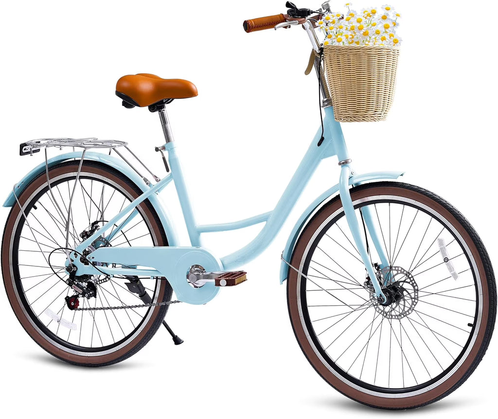 26 Vélos de Plage pour Femme, Vélos Pipleo pour Femme avec Panier en Rotin, 7 Vitesses & Cadre Ouvert