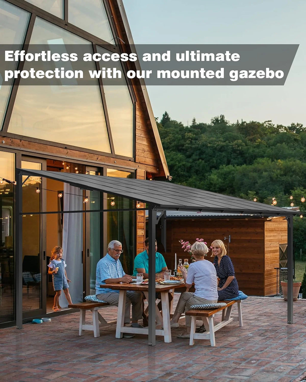 Pinypikaka Gazebo d'extérieur à toit rigide 12'x20', Pergola adossée avec toit pour pelouse, terrasse, deck, jardin, fête