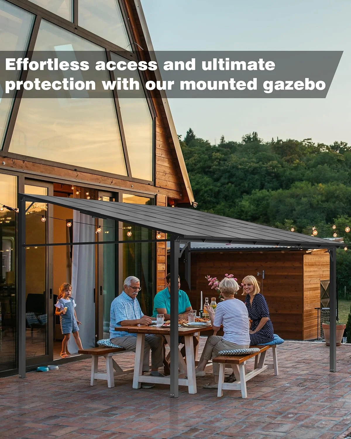 Pinypikaka Gazebo d'extérieur à toit rigide 12'x20', Pergola adossée avec toit pour pelouse, terrasse, deck, jardin, fête