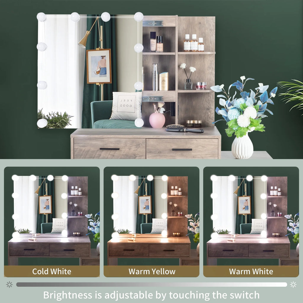 Coiffeuse Ktaxon avec miroir éclairé à 3 couleurs & station de charge, table de maquillage avec 3 étagères de rangement & tiroirs, bureau de toilette avec tabouret, gris rétro