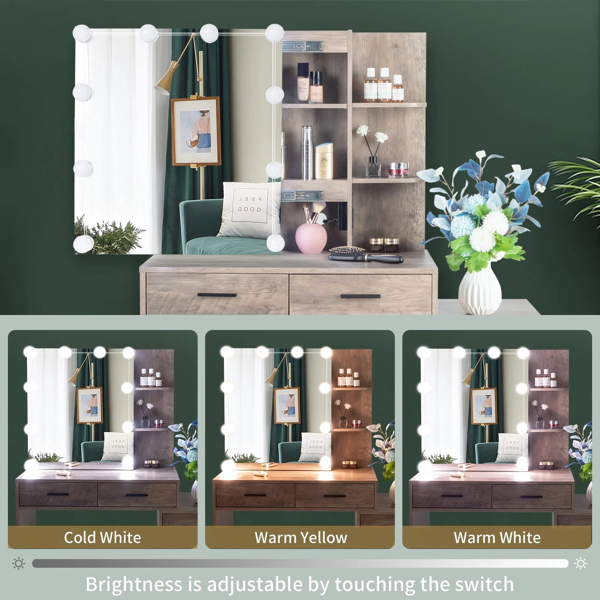 Coiffeuse Ktaxon avec miroir éclairé à 3 couleurs & station de charge, table de maquillage avec 3 étagères de rangement & tiroirs, bureau de toilette avec tabouret, gris rétro