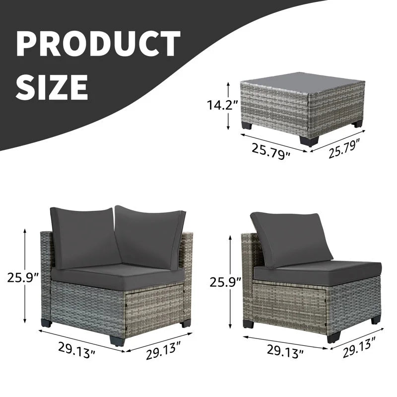 Salon de jardin Ainfox 7 pièces en promotion, canapé en rotin gris avec coussins gris