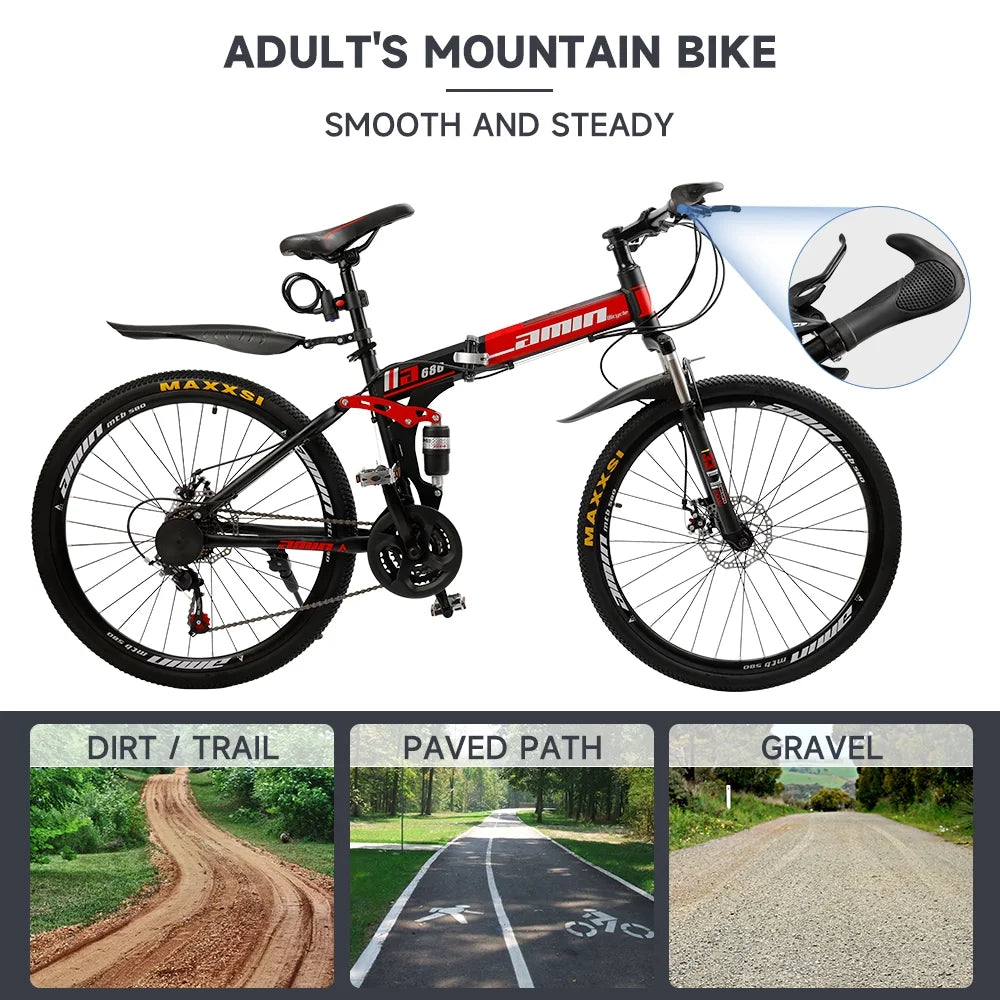 VTT pliant Artudatech 26 pouces Shimano 21 vitesses double frein à disque - Adulte - Rouge