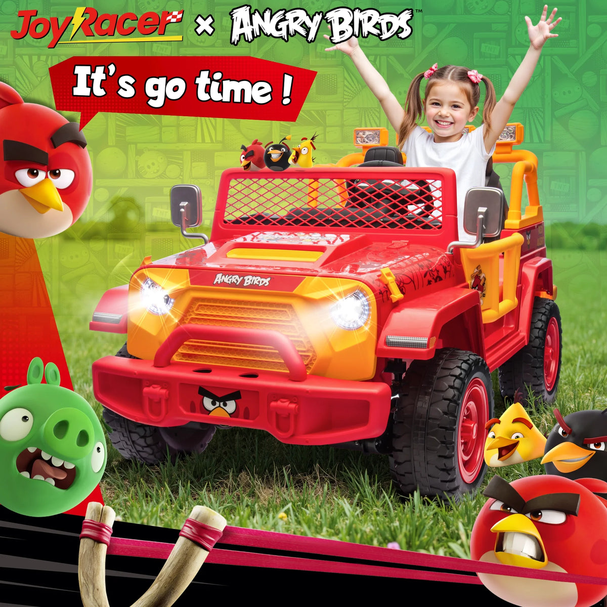 Jouets électriques Joyracer 24 volts pour grands enfants, camion sous licence Angry Birds avec télécommande, véhicule électrique 4x4 à 2 places avec pelle, Bluetooth, lumières, roues de voiture électrique, pour enfants de 3 à 8 ans, jusqu’à 59 kg, vert