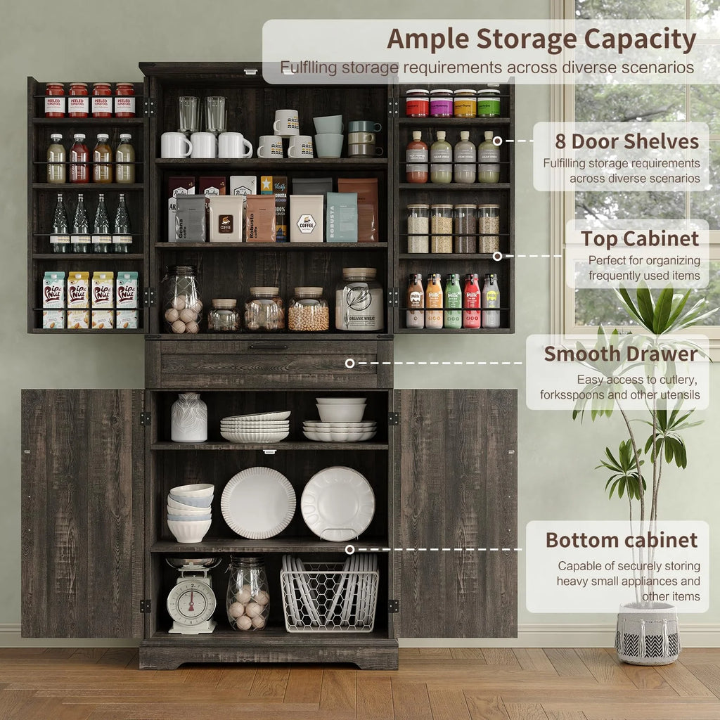 FUSOU Armoire de rangement de cuisine 72'', Armoire haute avec 8 étagères de porte, 2 placards et 1 tiroir, Meuble autoportant pour cuisine, salle à manger, salle de bain, buanderie