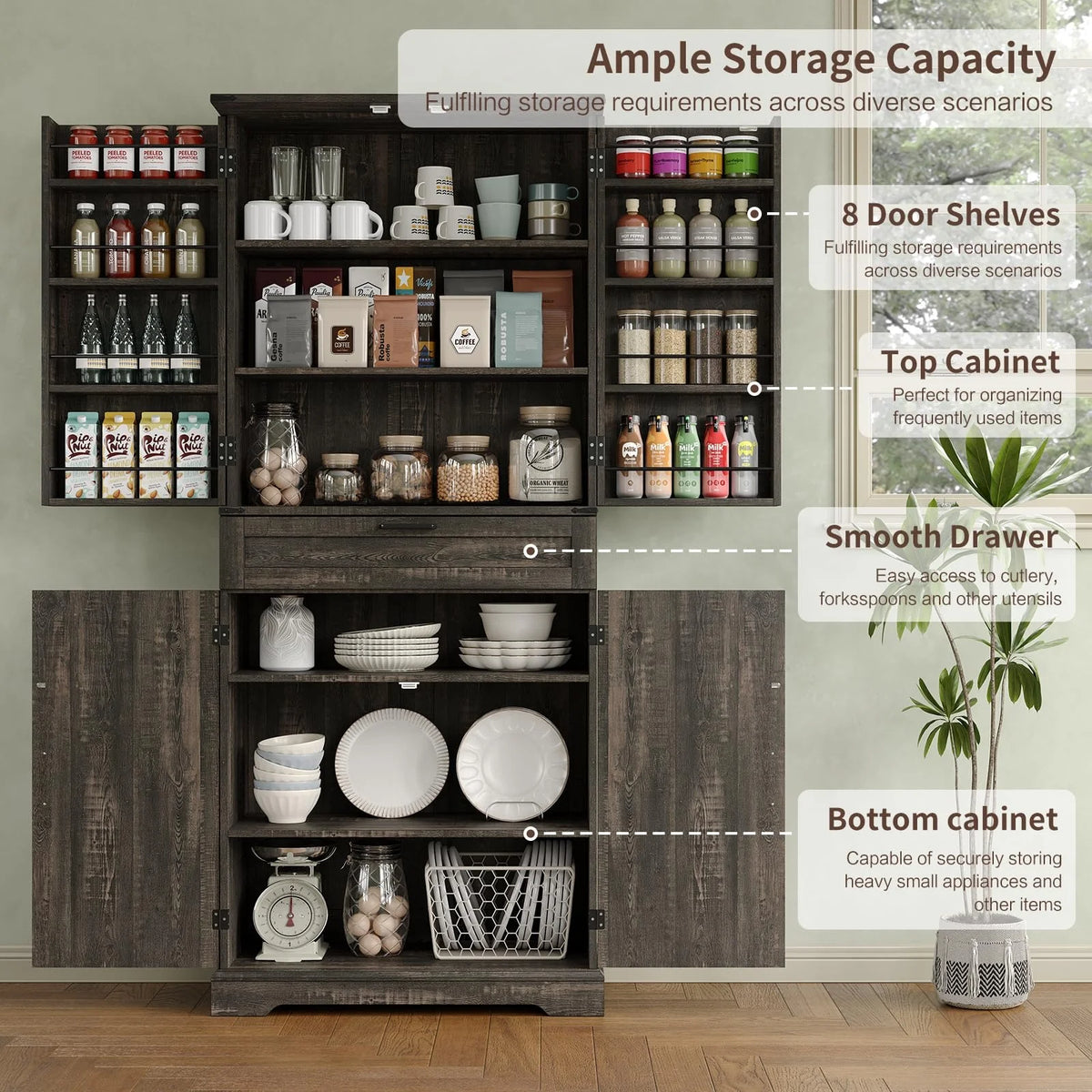 FUSOU Armoire de rangement de cuisine 72'', Armoire haute avec 8 étagères de porte, 2 placards et 1 tiroir, Meuble autoportant pour cuisine, salle à manger, salle de bain, buanderie