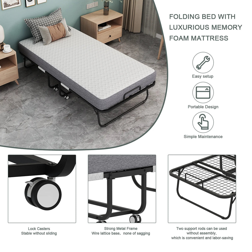 Lit pliant avec matelas 75 x 31 format lit de camp Lit plié, lit d'appoint sur roulettes portable et pliable lit supplémentaire pour adultes lit de repos avec matelas en mousse à mémoire de forme 5 cadre en grille métallique robuste peu encombrant