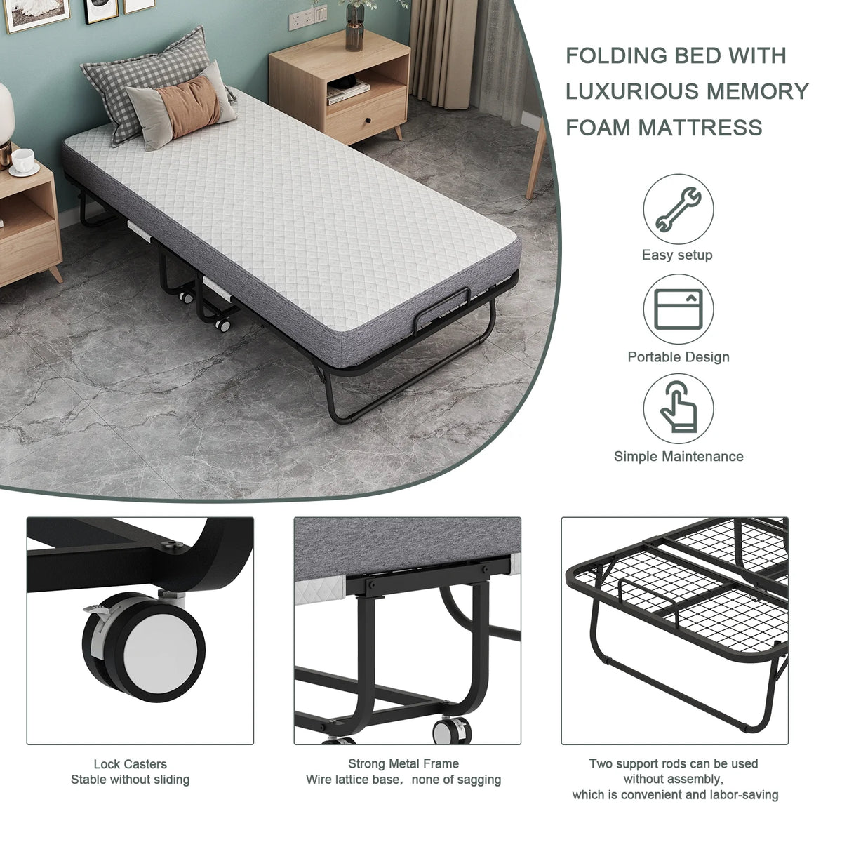 Lit pliant avec matelas 75 x 31 format lit de camp Lit plié, lit d'appoint sur roulettes portable et pliable lit supplémentaire pour adultes lit de repos avec matelas en mousse à mémoire de forme 5 cadre en grille métallique robuste peu encombrant