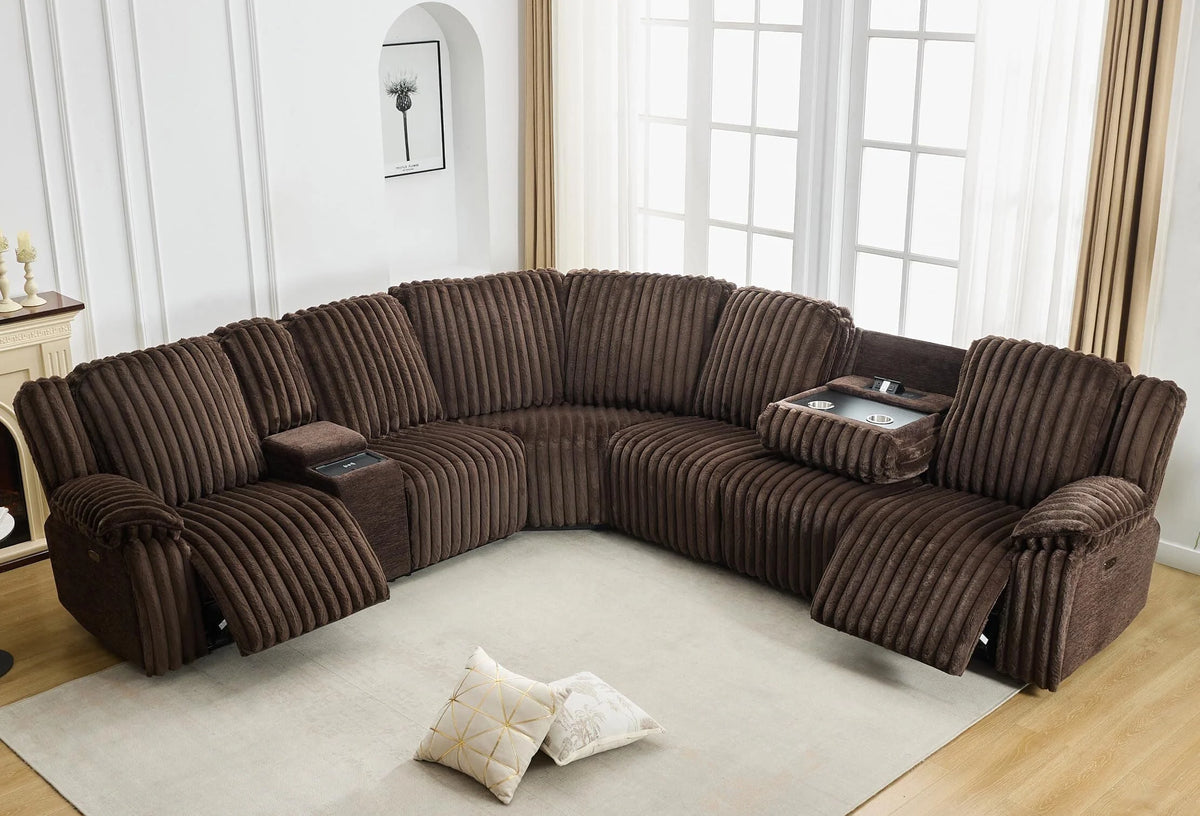 Canapé d’angle inclinable électrique avec chargeur sans fil, 6 places en fausse fourrure avec fauteuils inclinables, porte-gobelets dissimulés, console de rangement, ports USB et Type-C, noir
