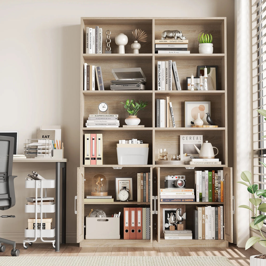 Bibliothèque haute Homfa 73 avec portes, 8 compartiments, 6 niveaux, double rangée, blanche, pour salon et bureau à domicile