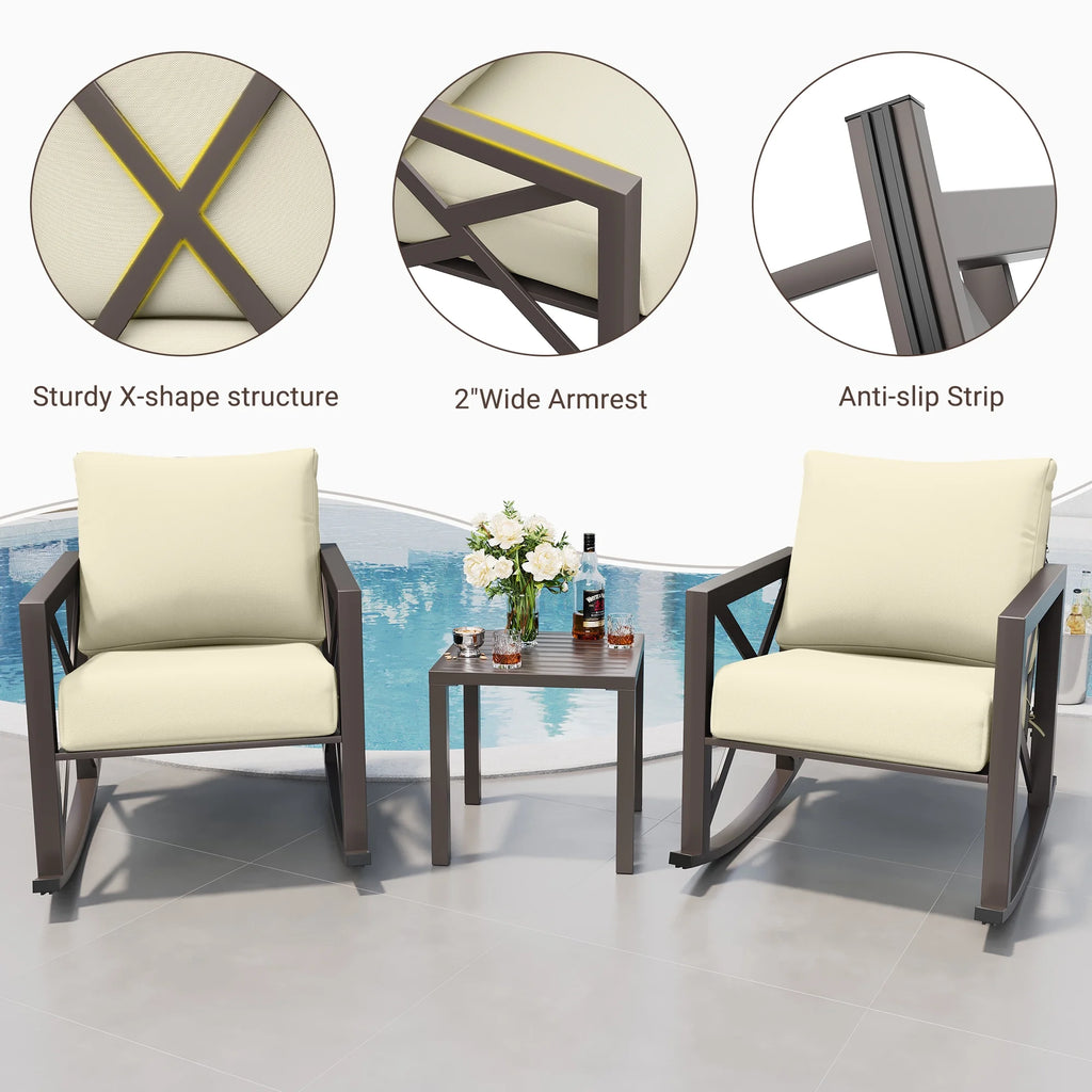 Ensemble de bistrot MRUAKA avec chaises à bascule, ensemble de mobilier de patio extérieur 3 pièces avec 2 chaises à bascule et 1 table basse en métal avec coussins épais pour porche, cour arrière, bord de piscine, beige