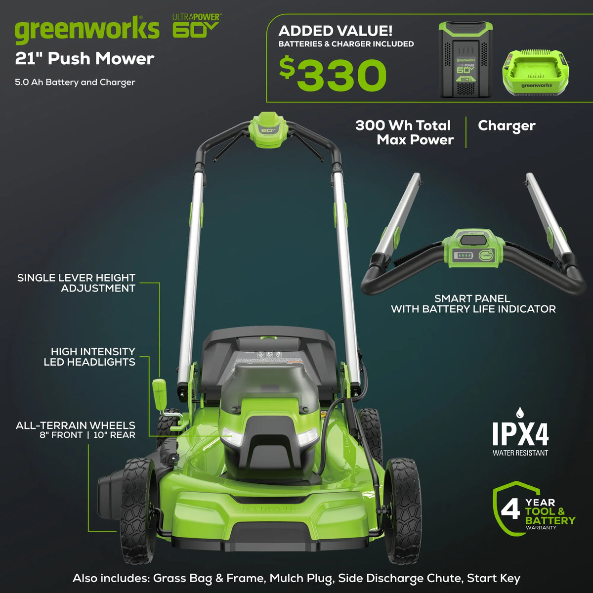 Tondeuse à gazon autotractée Greenworks 60V 21 + (1) batterie 5,0 Ah et chargeur 2546502