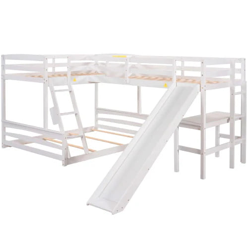 Lit superposé triple en L pour 5 personnes, lit superposé simple sur double et lit mezzanine simple avec bureau intégré, toboggan et barrière de sécurité sur toute la longueur, blanc