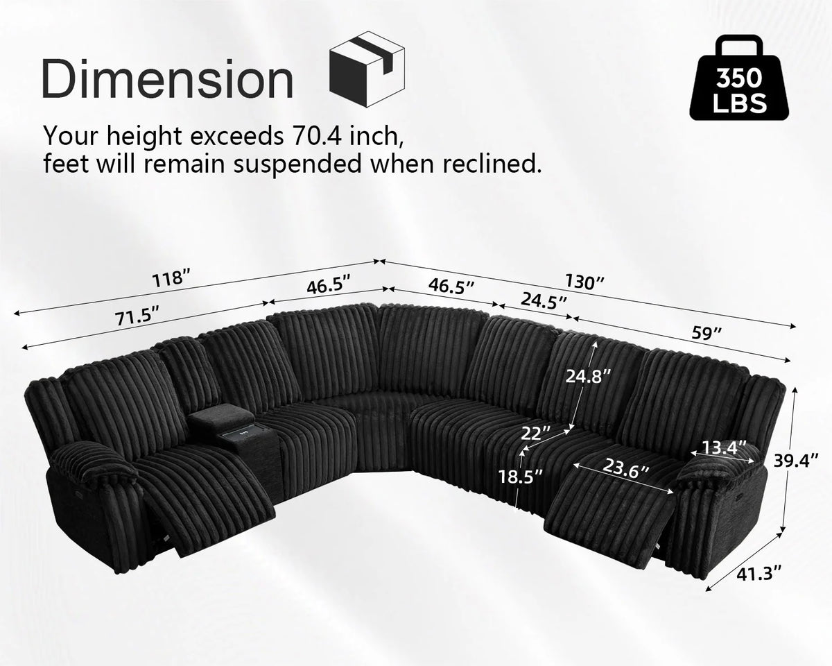 Canapé d’angle inclinable électrique avec chargeur sans fil, 6 places en fausse fourrure avec fauteuils inclinables, porte-gobelets dissimulés, console de rangement, ports USB et Type-C, noir