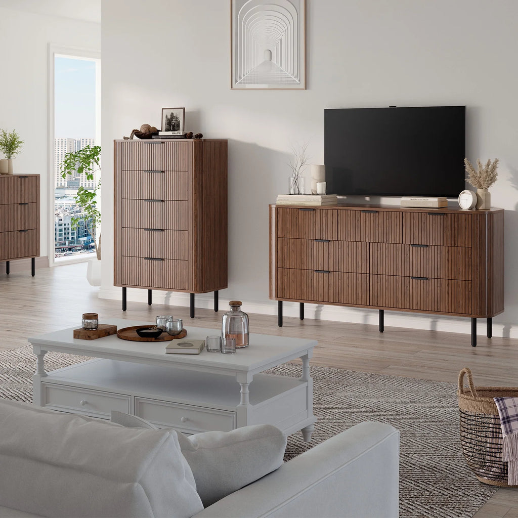 Commode cannelée à 7 tiroirs pour chambre, largeur 60 pouces, moderne, en bois, avec poignées en métal, design aux lignes courbes – Idéale également comme meuble TV pour salon ou couloir, noir