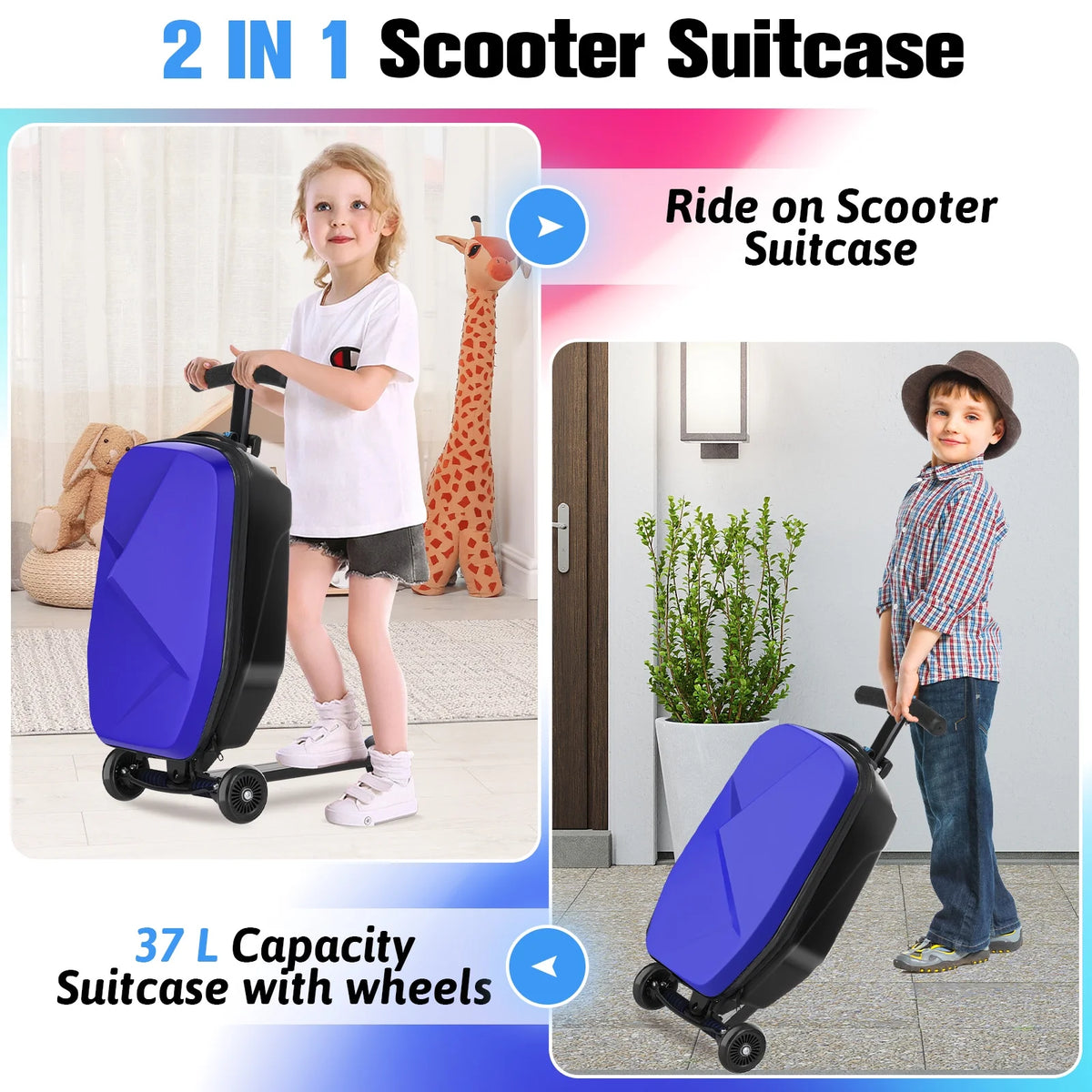 Valise à roulettes Advwin pour enfants et adultes, valise rigide sur laquelle les enfants de 4 à 15 ans peuvent rouler, bagage cabine multifonction léger et pliable avec roulettes, pour enfants et adolescents, rose