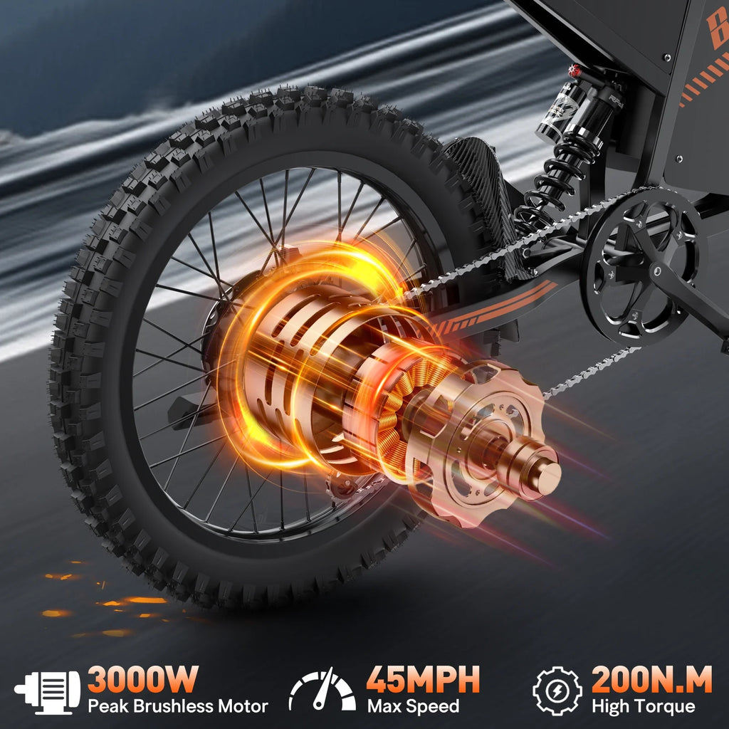 Moto tout-terrain électrique pour adultes, 60 V 35 Ah, 3 000 W, 45 mi/h et autonomie de 37 à 68 mi, vélo de montagne tout-terrain à pneus larges de 25 po, UL2849