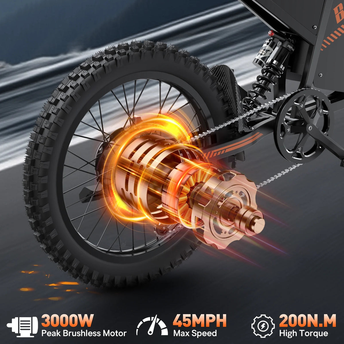 Moto tout-terrain électrique pour adultes, 60 V 35 Ah, 3 000 W, 45 mi/h et autonomie de 37 à 68 mi, vélo de montagne tout-terrain à pneus larges de 25 po, UL2849