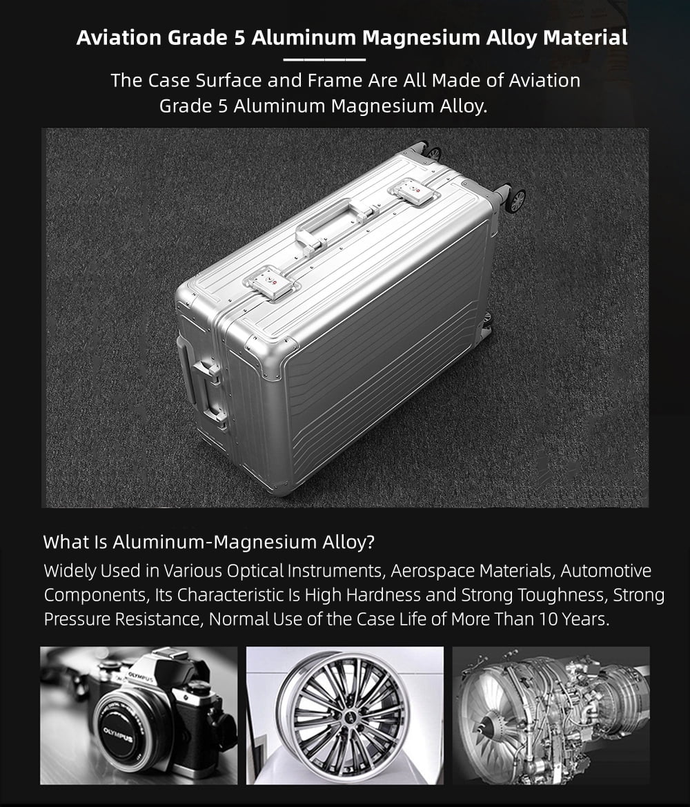 Valise cabine rigide entièrement en aluminium et magnésium avec roulettes, valise en soute rigide moderne sans fermeture éclair avec cadenas TSA, valise en métal approuvée par les compagnies aériennes, bagage roulant en métal