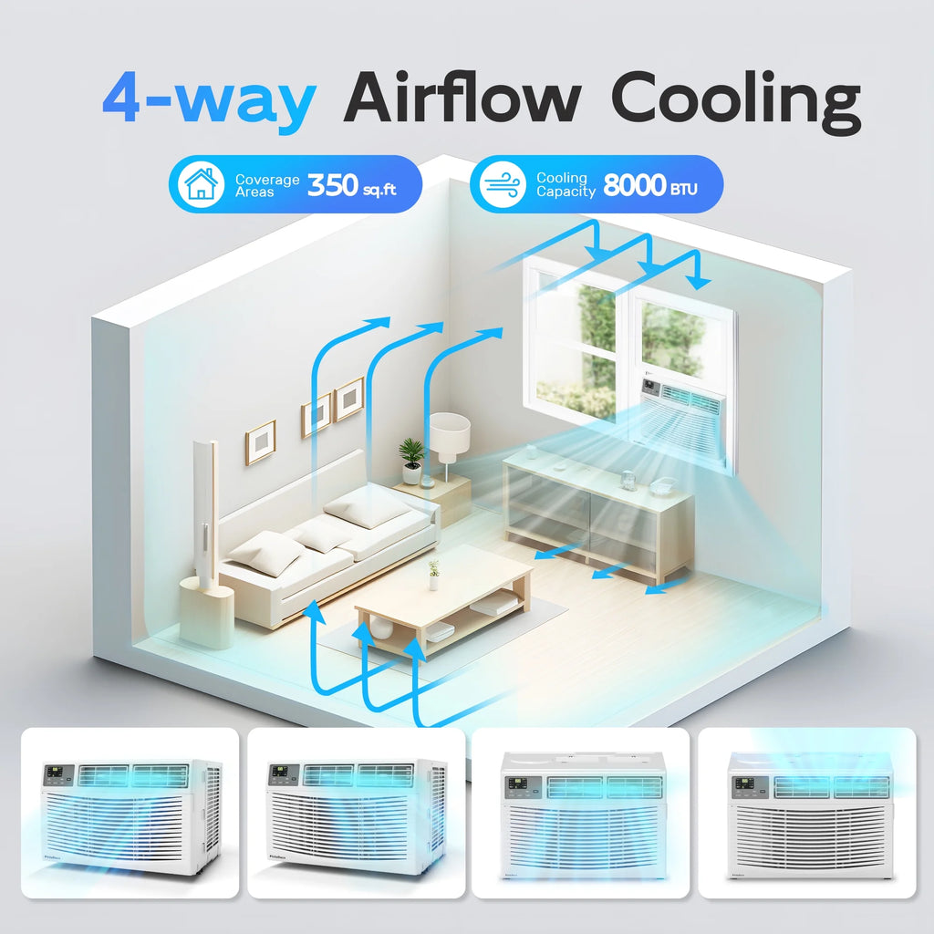 Climatiseur de fenêtre 8000 BTU  350 pi² Intelligent, Écran d’affichage LED, avec télécommande, le climatiseur peut servir de déshumidificateur/ventilateur, fonctionnement silencieux, économe en énergie. Minuterie/Mode sommeil et ÉCO