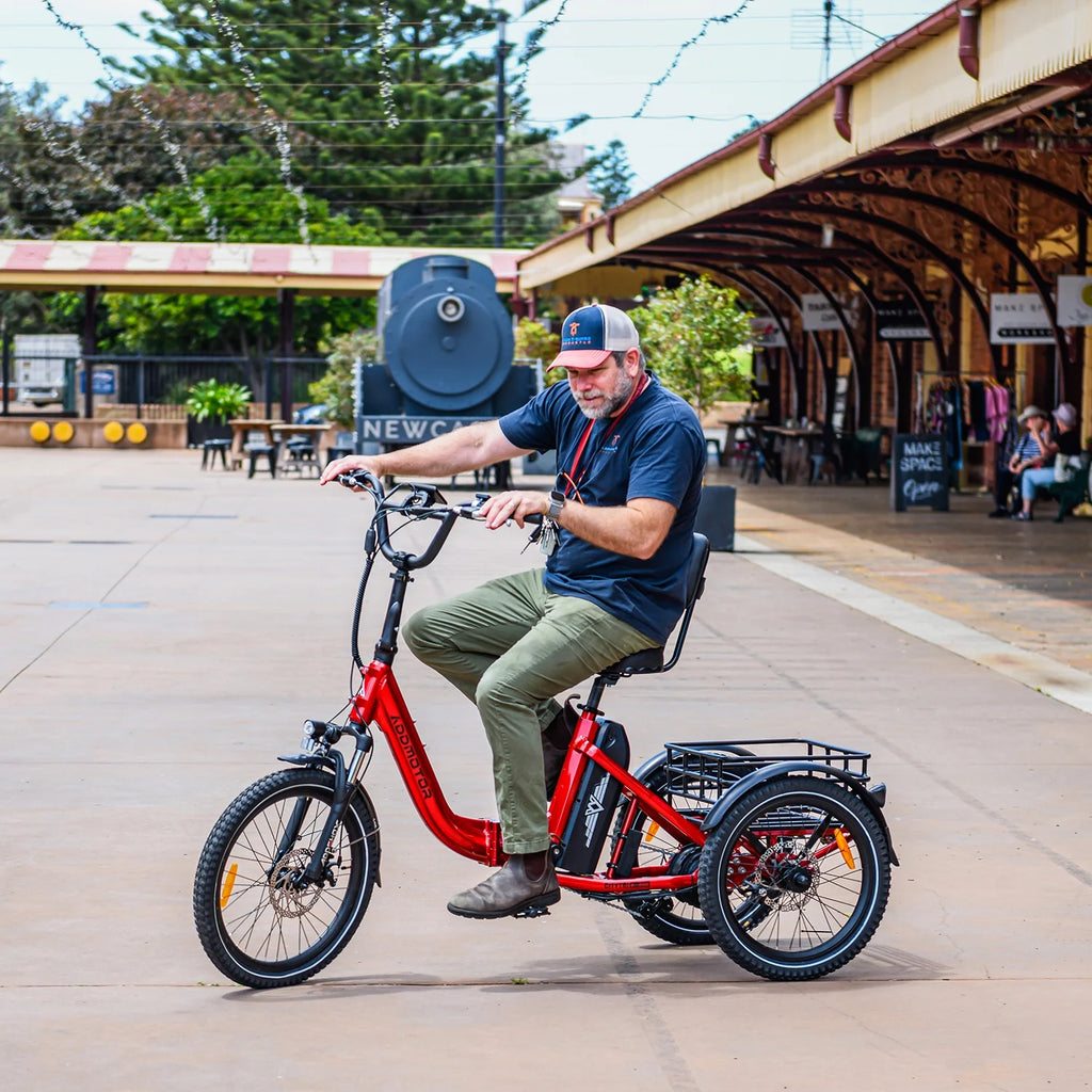 Tricycle électrique pliant Addmotor, tricycle électrique 90 mi pour adultes, 750 W 48 V 20 Ah, vélos électriques à 3 roues CITYTRI, tricycle à cadre ouvert avec différentiel de vitesse arrière et frein de stationnement, E-310 Plus rouge