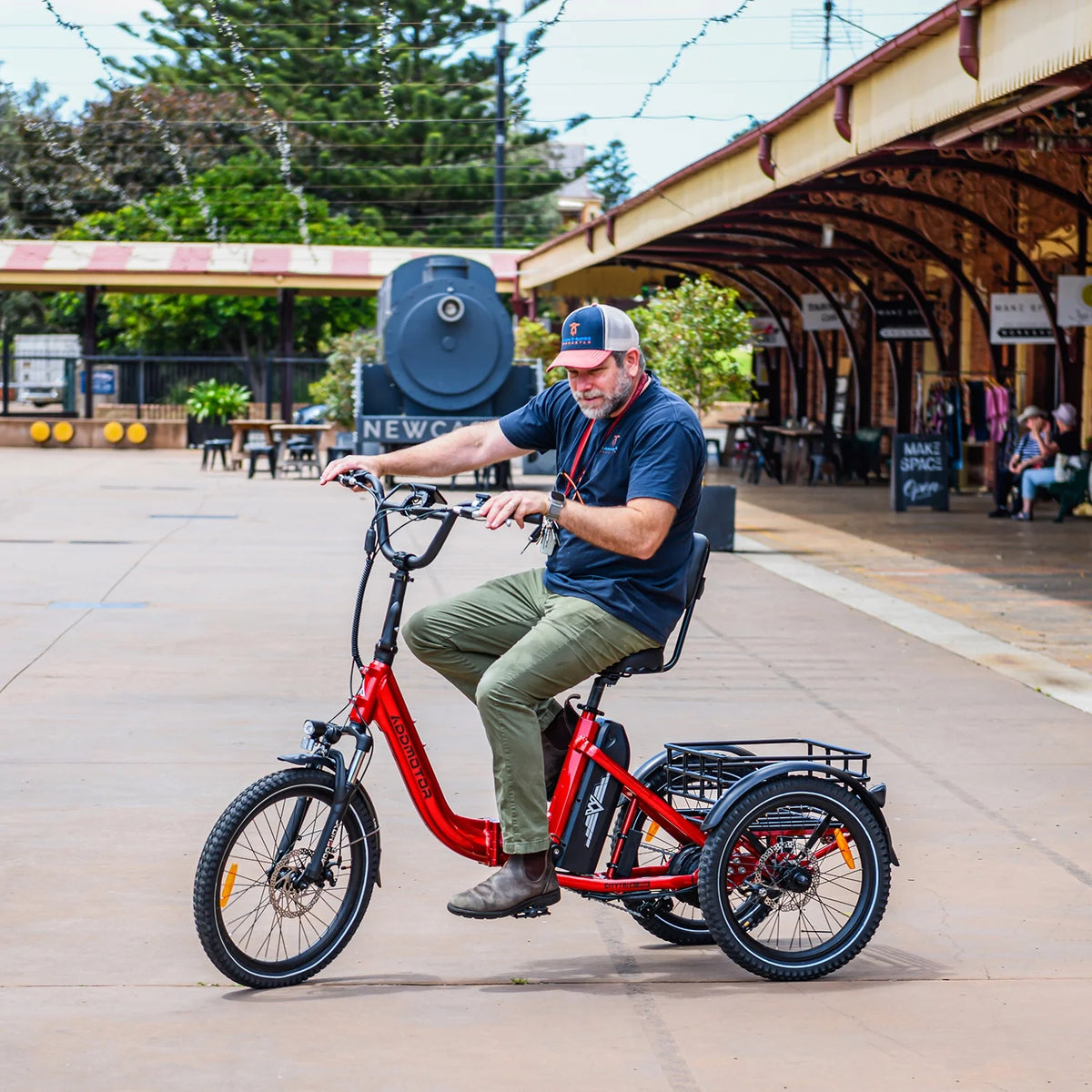 Tricycle électrique pliant Addmotor, tricycle électrique 90 mi pour adultes, 750 W 48 V 20 Ah, vélos électriques à 3 roues CITYTRI, tricycle à cadre ouvert avec différentiel de vitesse arrière et frein de stationnement, E-310 Plus rouge