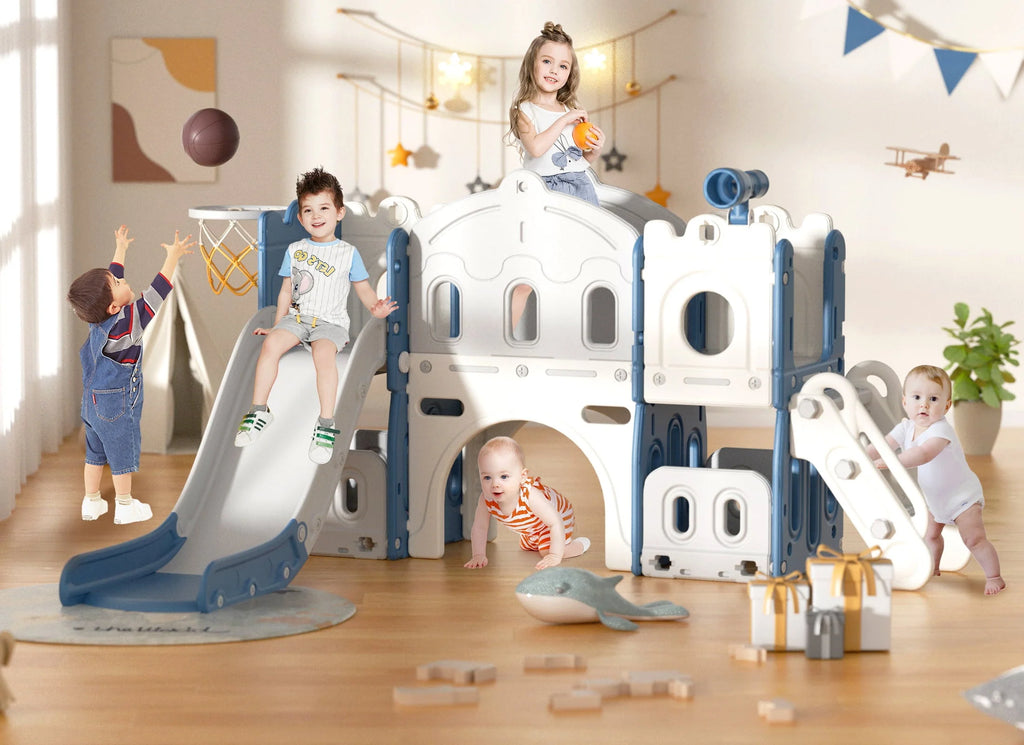 KORIMEFA Ensemble toboggan 8 en 1 pour enfants avec structure d’escalade, toboggan d’escalade pour tout-petits avec panier de basket, tunnel, aire de jeux extérieure et intérieure pour tout-petits, toboggan d’escalade, dès 1 an