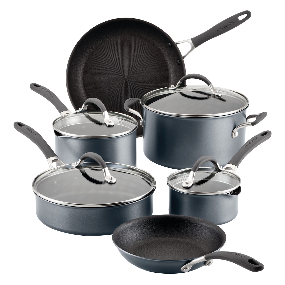 Batterie de cuisine antiadhésive en aluminium Circulon A1 Scratch Defense de 10 pièces, acier inoxydable moulé