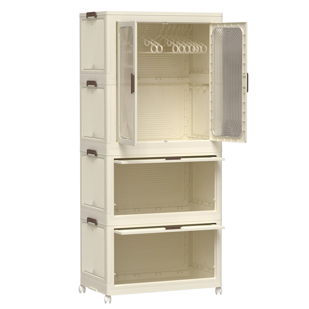 Penderie portable pour enfants Montary avec portes magnétiques et tringle – Meuble de rangement en plastique à 4 casiers pour chambre d'enfant
