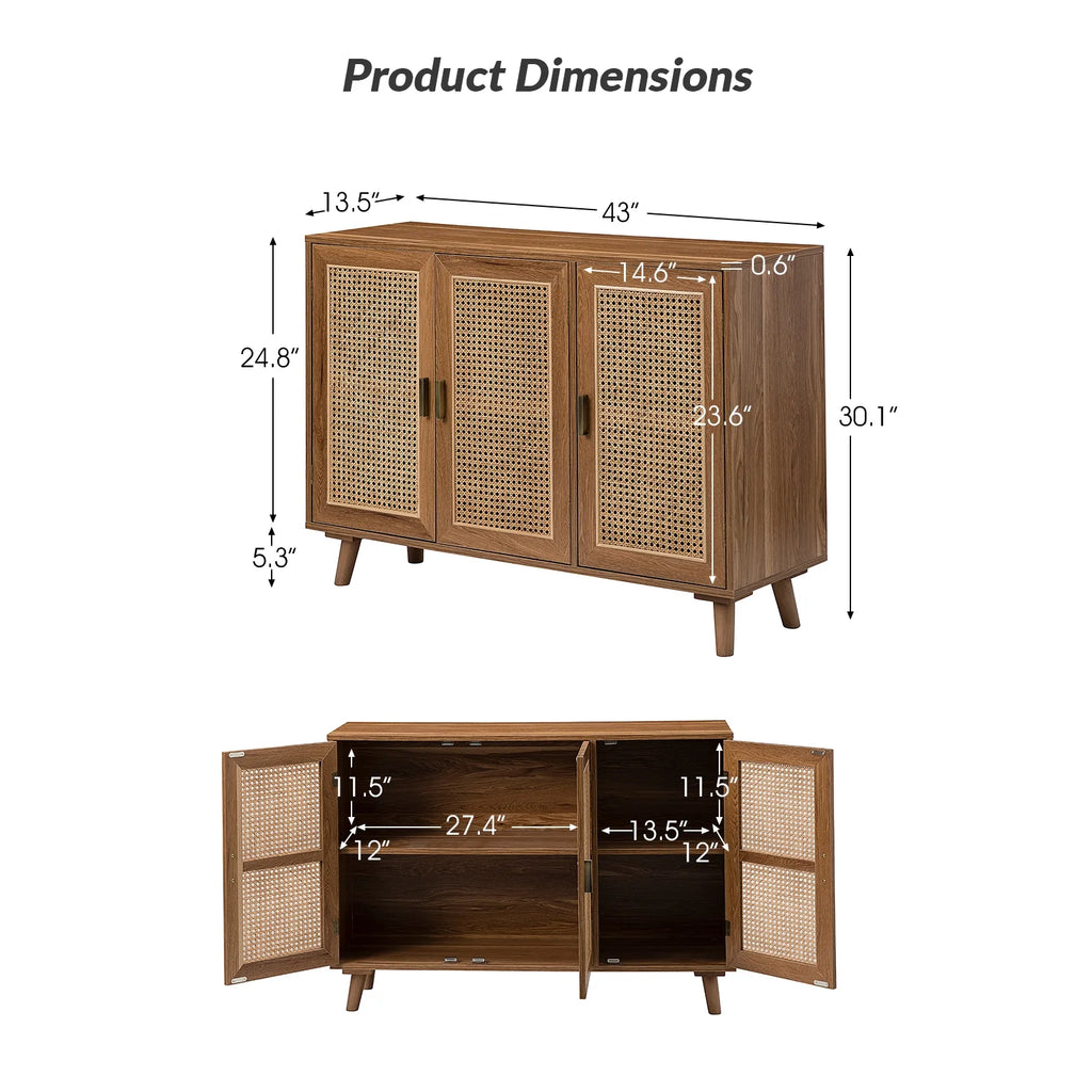 Buffet Boho en bois à 3 portes, meuble de rangement avec portes en rotin, noyer