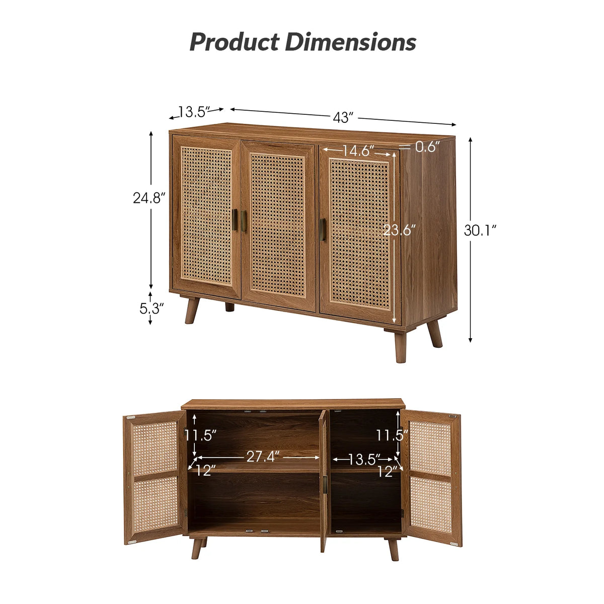 Buffet Boho en bois à 3 portes, meuble de rangement avec portes en rotin, noyer