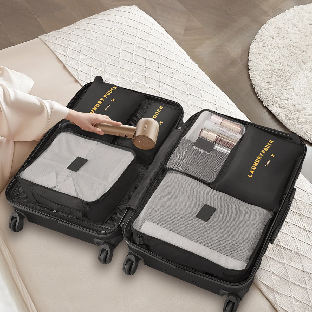 Ensemble de 9 pièces comprenant 3 valises rigides de 20, 24 et 28 pouces, 6 sacs de rangement et valises de voyage à roulettes, rose