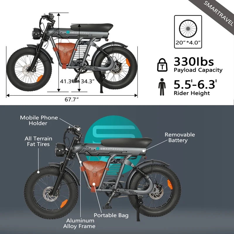 Moto tout-terrain électrique SMARTRAVEL ST202 pour adultes avec moteur de 3 000 W (crête), batterie double 52 V 50 Ah, autonomie de plus de 148 km, pneus de moto de 20 pouces, certification UL2849, suspension intégrale